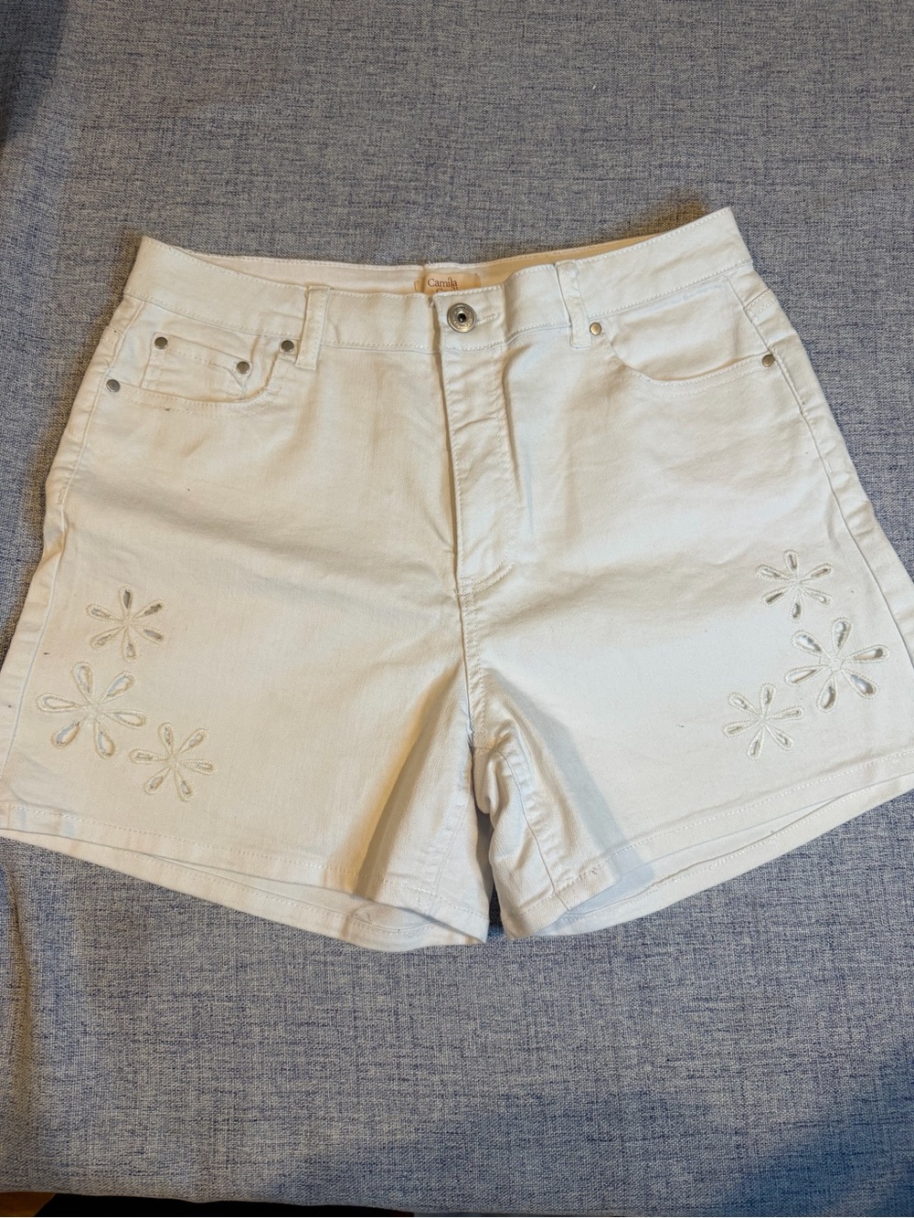 Camila Coelho Cream Embroidered Denim Shorts